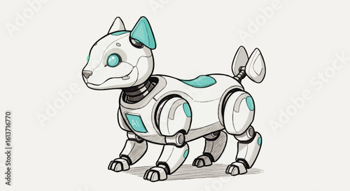 Cute robotic dog illustration, showcasing mechanical features and light teal accents.