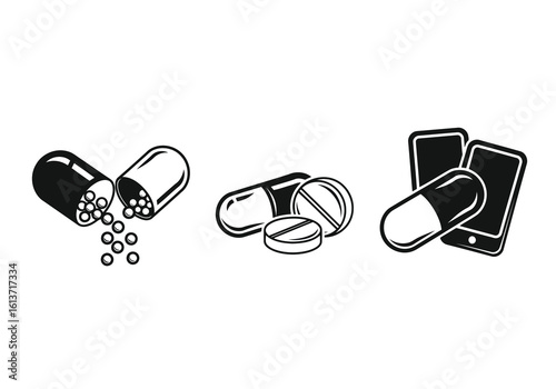 Vector art of set of medical icons including pills, capsules, and smartphone