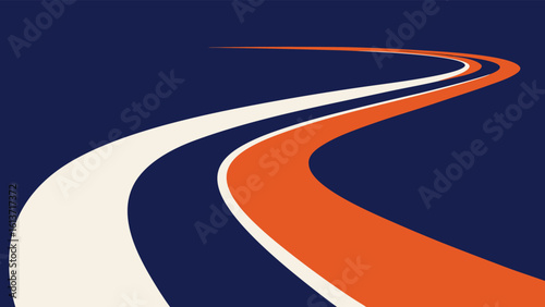 Abstract winding road with orange and white stripes on dark blue background