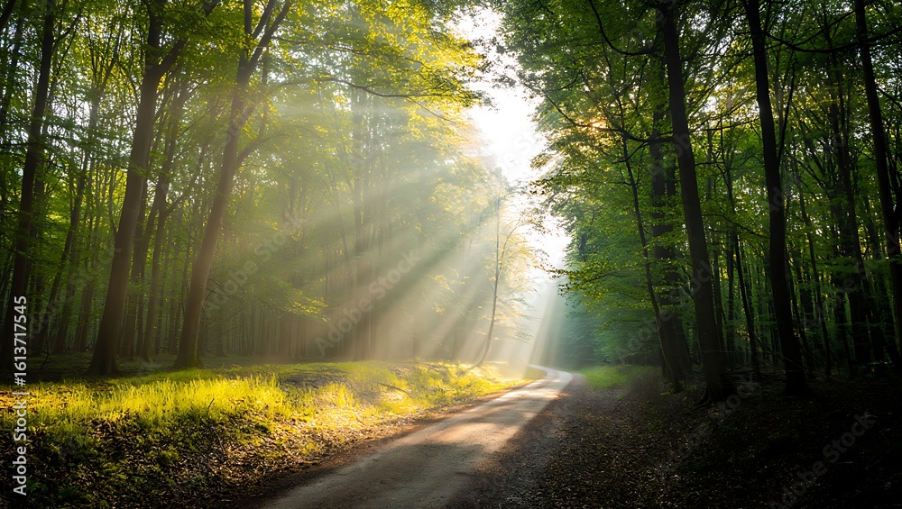 Fototapeta premium Sunlight streams through a forest path illuminating the trees and foliage