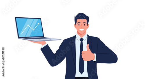 Successful businessman presents laptop with growth chart and gives thumbs up gesture of approval and satisfaction