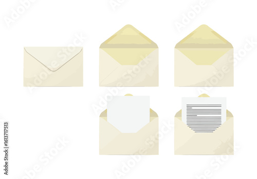 Vector art of a set of envelopes showing different stages of opening
