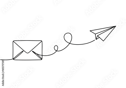 Vector art of a continuous line drawing of an envelope sending a paper airplane