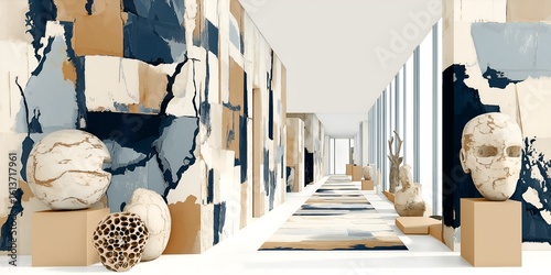 A modern technology center features an open interior showcasing elegant art pieces and decorative elements. The space emphasizes identity through visually striking walls and sculptures
