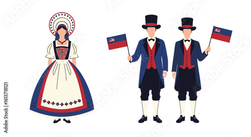Traditional national costumes and national flags vector illustration celebrating cultural heritage and identity