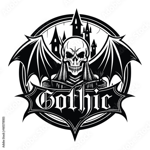 Gothic Skull Wings Castle Emblem Dark Fantasy Art Design on White Background
