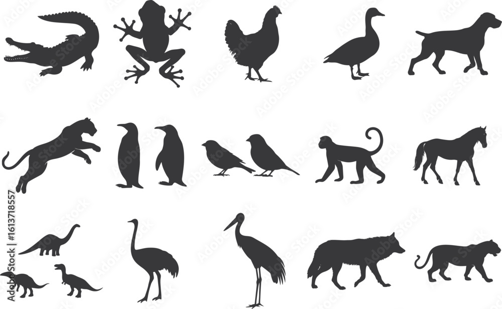 Fototapeta premium 15+ Different animal silhouette set collection. Animal vector black and white editable eps file. Alligator, Amphibian, Chicken, Dinosaur, Dog, graphic, Duck, Horse, Monkey, Old Word