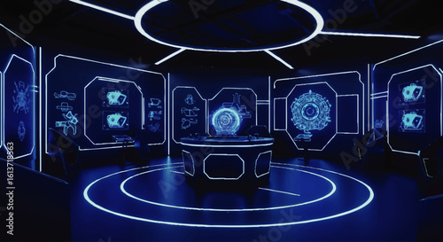 Futuristic, glowing, interactive display room with holographic projections.