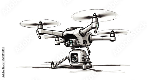 A grayscale sketch of a drone, showcasing its mechanical components and hovering position.