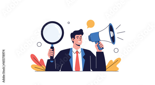Man holding a magnifying glass and a megaphone representing business growth and communication strategies