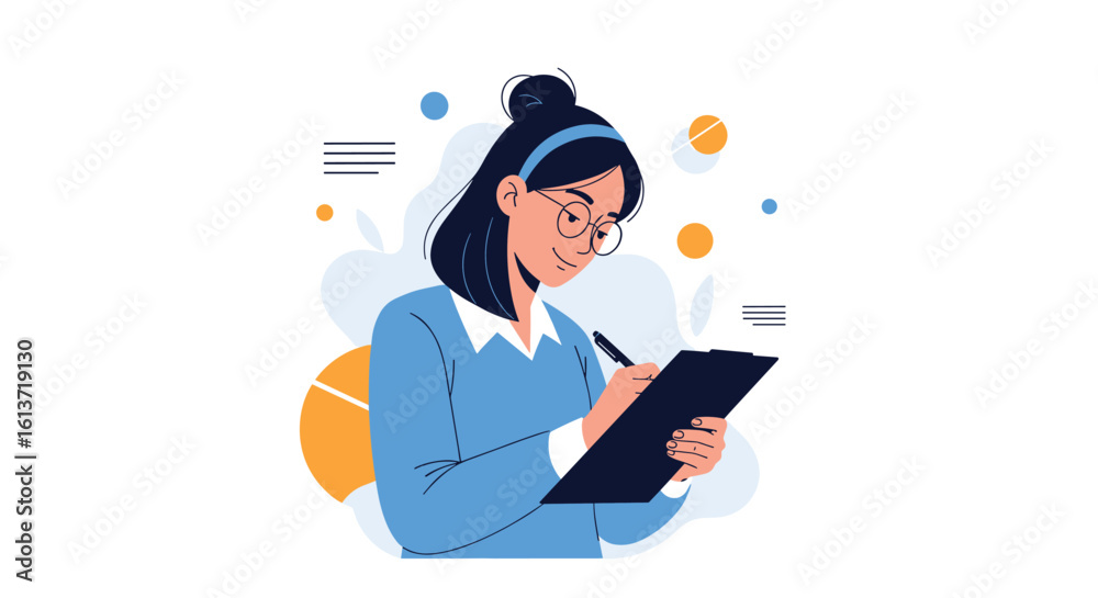 Young woman focuses on writing notes in a digital illustration with abstract elements Young woman focuses on writing notes in a digital illustration with abstract elements