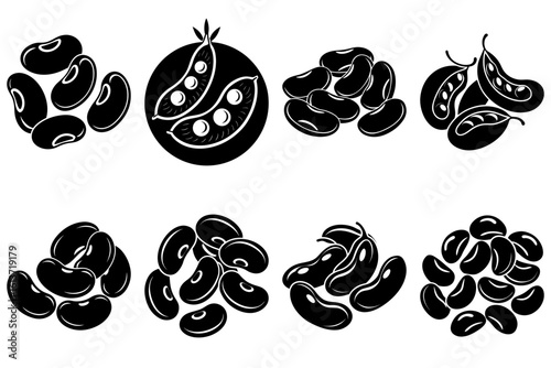 Illustration of black and white bean pods and clusters in various formations and orientations on white