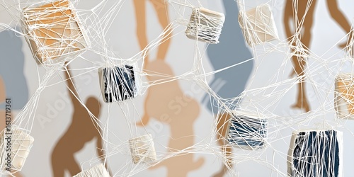 The artwork displays interconnected yarn blocks forming a complex web against human silhouettes, symbolizing the diverse facets of identity, creativity, and cultural heritage