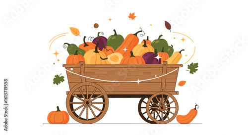 Autumn harvest festival wagon filled with seasonal vegetables and gourds ready for celebration