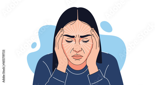 Illustration of a woman suffering from severe headaches and migraines experiencing intense pain