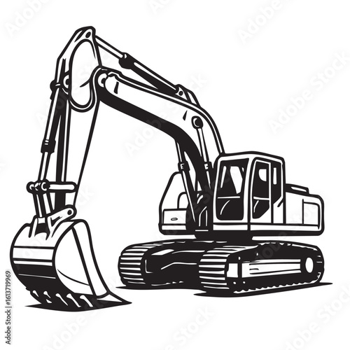 Detailed Black and White Illustration of an Excavator with Bucket Raised for Construction Work bold