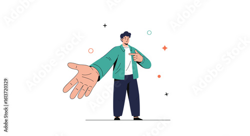 Young man demonstrating an idea with a large open hand and pointing finger in a casual setting