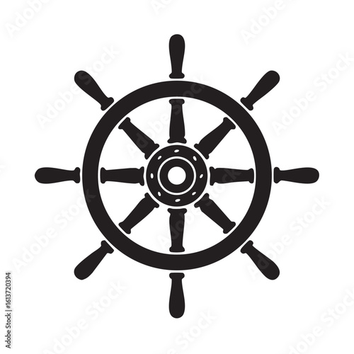 Nautical Ship Wheel Illustration Black Silhouette of a Traditional Steering Device for Boats and Vessels