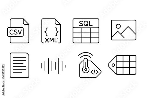 Set of eight outlined line icons for file types and elements