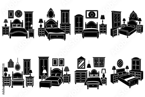 Illustration showcasing various bedroom furniture sets including beds wardrobes and bedside tables in black