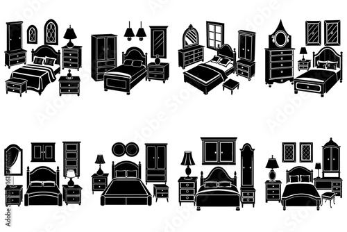 Illustration showing various bedroom furniture sets with beds wardrobes and nightstands in black silhouette