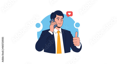 Professional businessman successfully communicating on the phone and giving a thumbs up gesture of approval and positivity