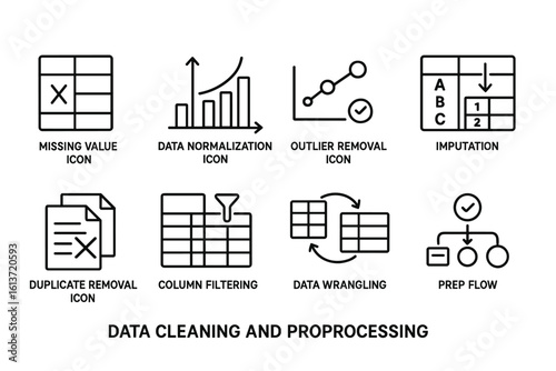 Set of data cleaning and preprocessing icons in black and white line style