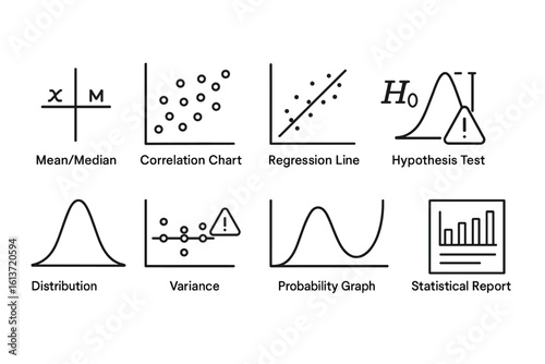 Set of black and white statistical icons for data analysis and visualization