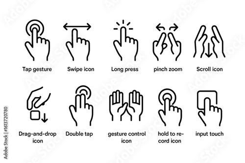 Set of black line icons for touchscreen gestures in modern style