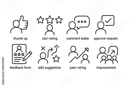 Set of black and white line icons for feedback and evaluation