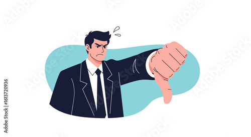 Frustrated businessman expressing strong disapproval with a thumbs down gesture indicating failure or disappointment