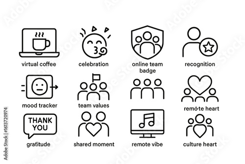 Set of Black and White Outlined Team-building Icons with Labels