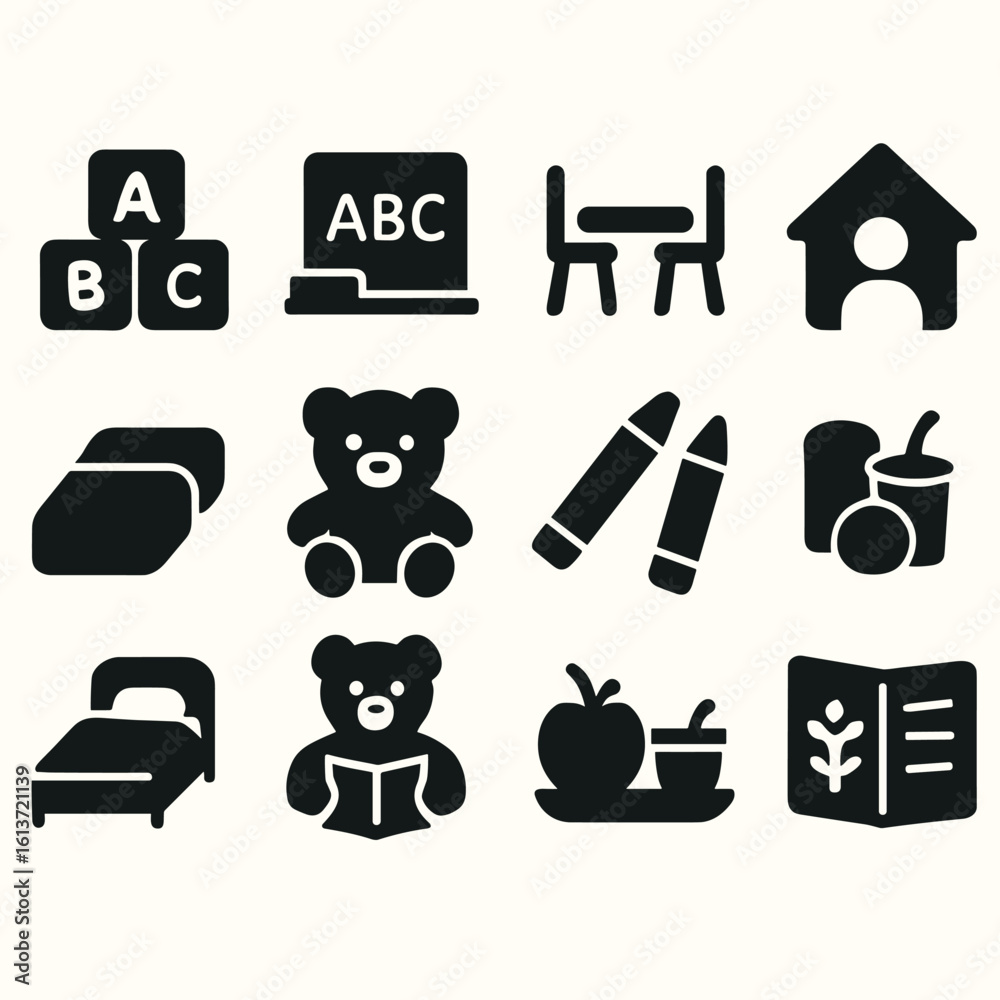 Fototapeta premium Set of black and white educational icons for preschool with ABC, drawings, toys, and snacks