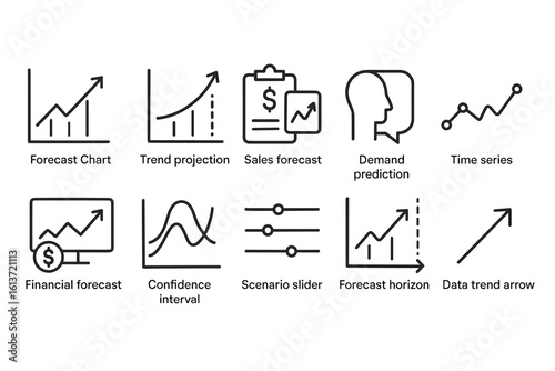 Set of black-and-white line icons for forecasting and data analysis