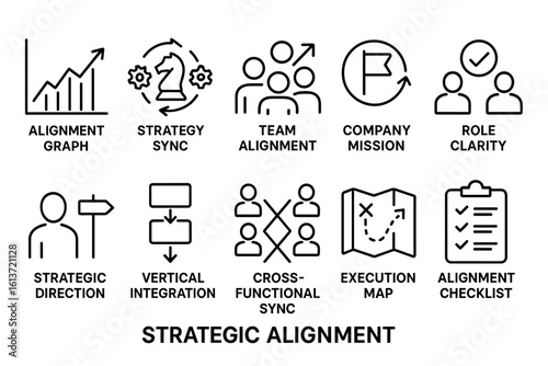Set of black line icons for Strategic Alignment concepts in a simple style