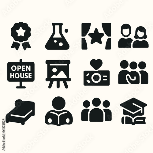 Set of black stylized icons for education, science, community, and arts