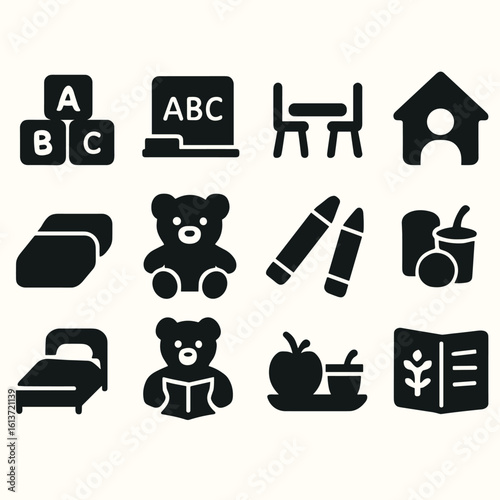 Set of black and white educational icons for preschool with ABC, drawings, toys, and snacks