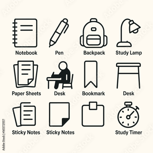 Set of monochrome study and educational icons in line style