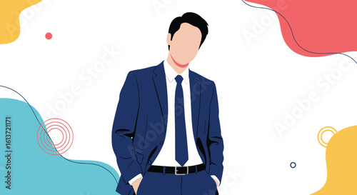 Elegant gentleman in a blue suit posing confidently with abstract background elements representing creativity and modernity
