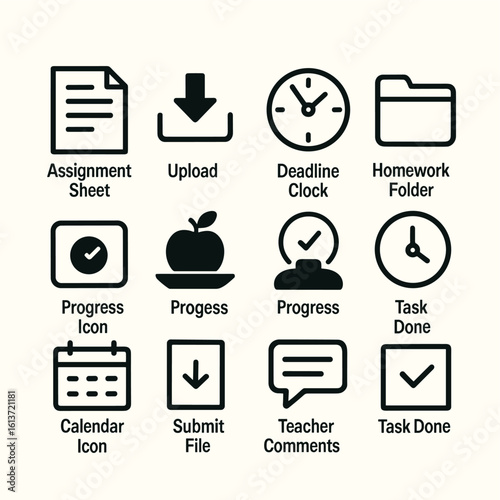 Set of 12 educational-themed outline icons for assignments and tasks