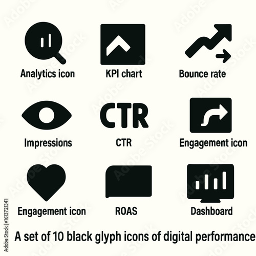 Set of 10 black glyph icons for digital performance metrics on light background
