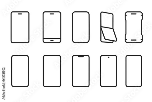 Set of minimalist line drawings of diverse smartphone designs in black outline