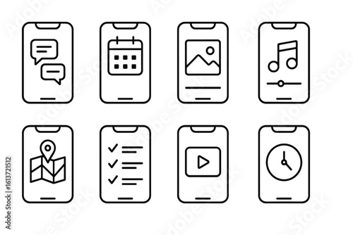 Set of outline mobile app icons on smartphones