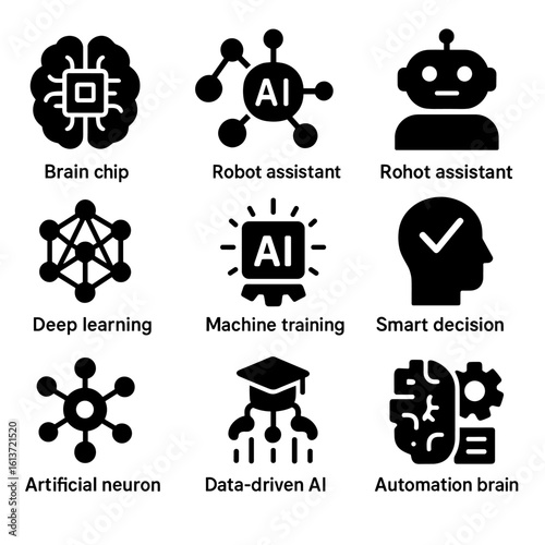 Set of monochrome AI and machine learning icons in glyph style