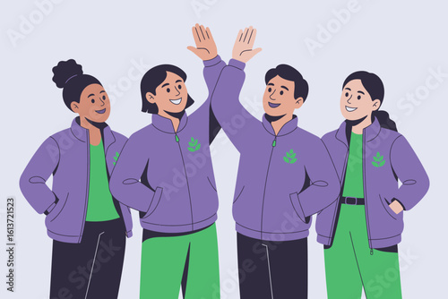 Diverse team giving high five wearing matching jackets with leaf logo