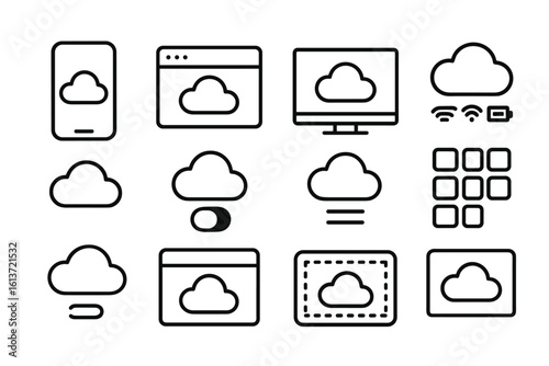 Set of black outline icons depicting cloud computing services and technology