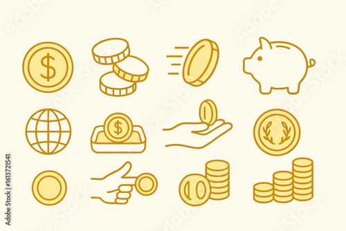 Set of twelve yellow outlined finance and money icons on beige background