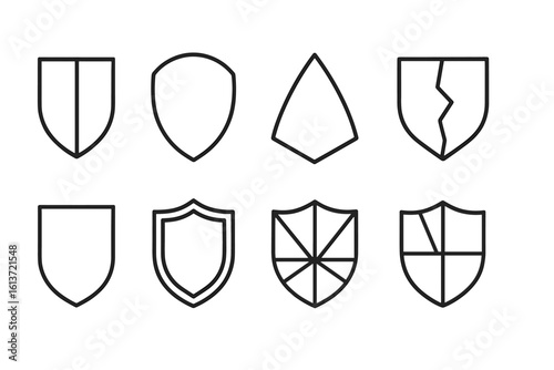 Set of eight monochromatic shield icons with unique designs