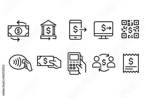 Set of black and white line icons for financial transactions and payment methods