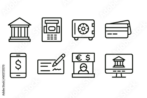Set of black and white line icons for banking and finance